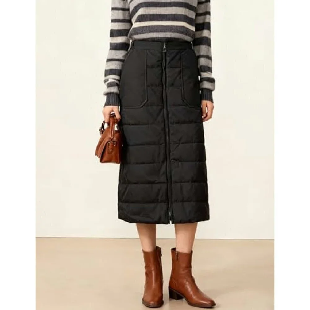 Quilted Puffer Skirt with Pockets, Insulated Winter A-Line